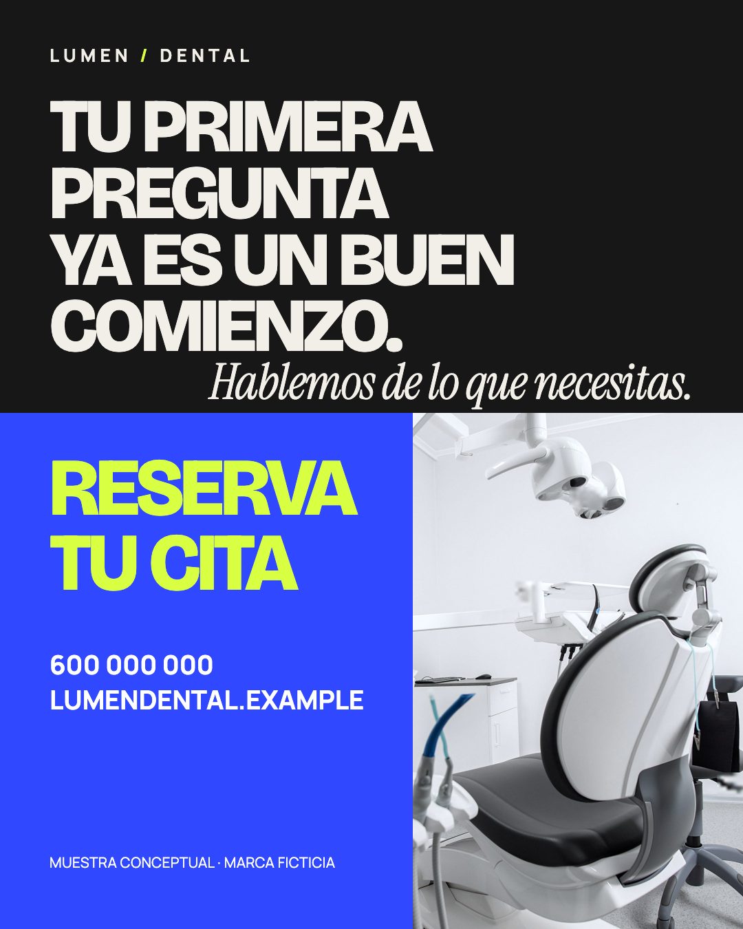 Cierre: «Tu primera pregunta ya es un buen comienzo», con la llamada a reservar cita y los datos de la marca de muestra.