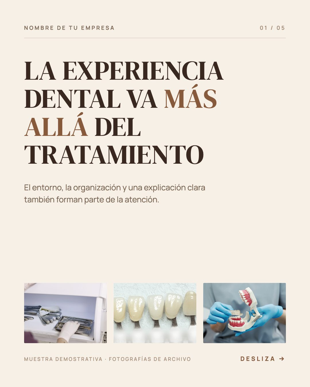 Portada del carrusel «Experiencia en consulta»: titular en serif «La experiencia dental va más allá del tratamiento» sobre campo cálido, con tres miniaturas del recorrido.