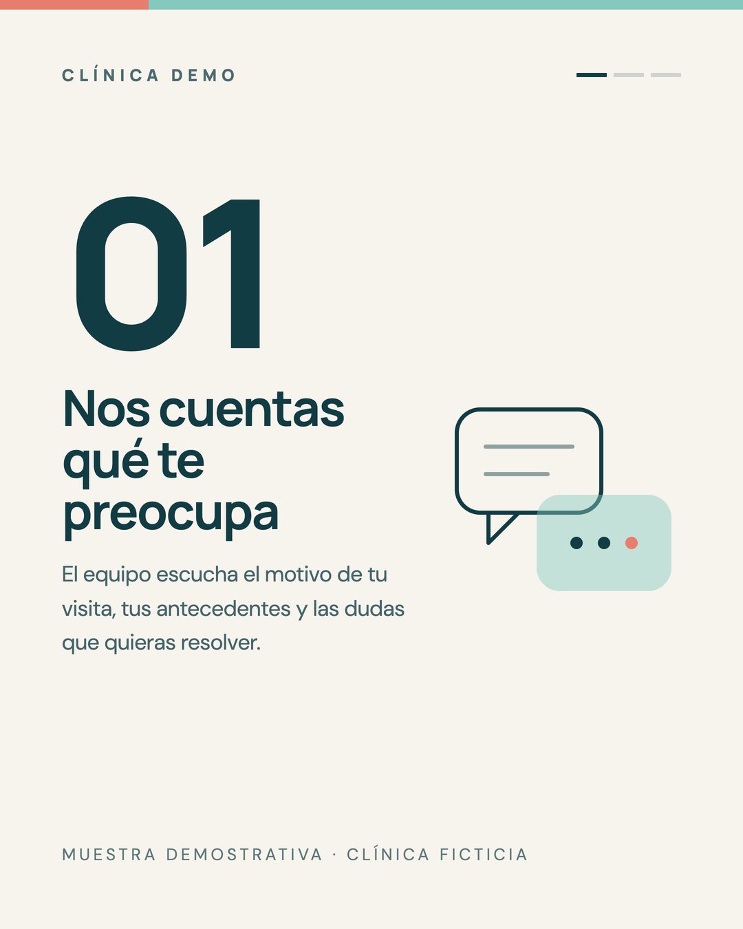 Paso 01: «Nos cuentas qué te preocupa», con una ilustración lineal de dos bocadillos de conversación.