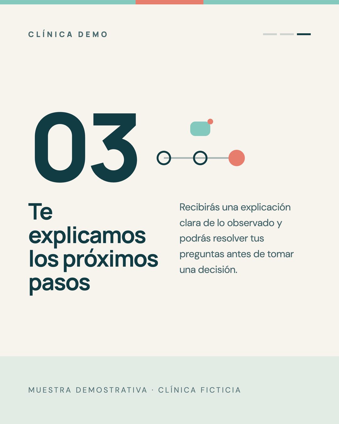 Paso 03: «Te explicamos los próximos pasos», con un diagrama de tres nodos enlazados.