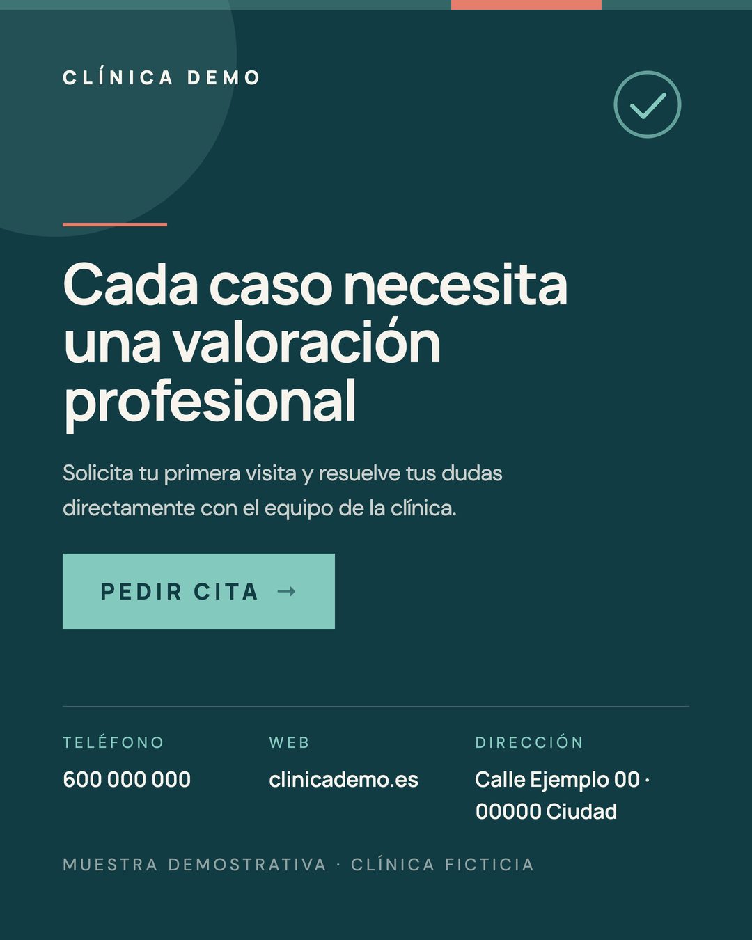 Cierre: «Cada caso necesita una valoración profesional», con botón de cita y los datos de la clínica.