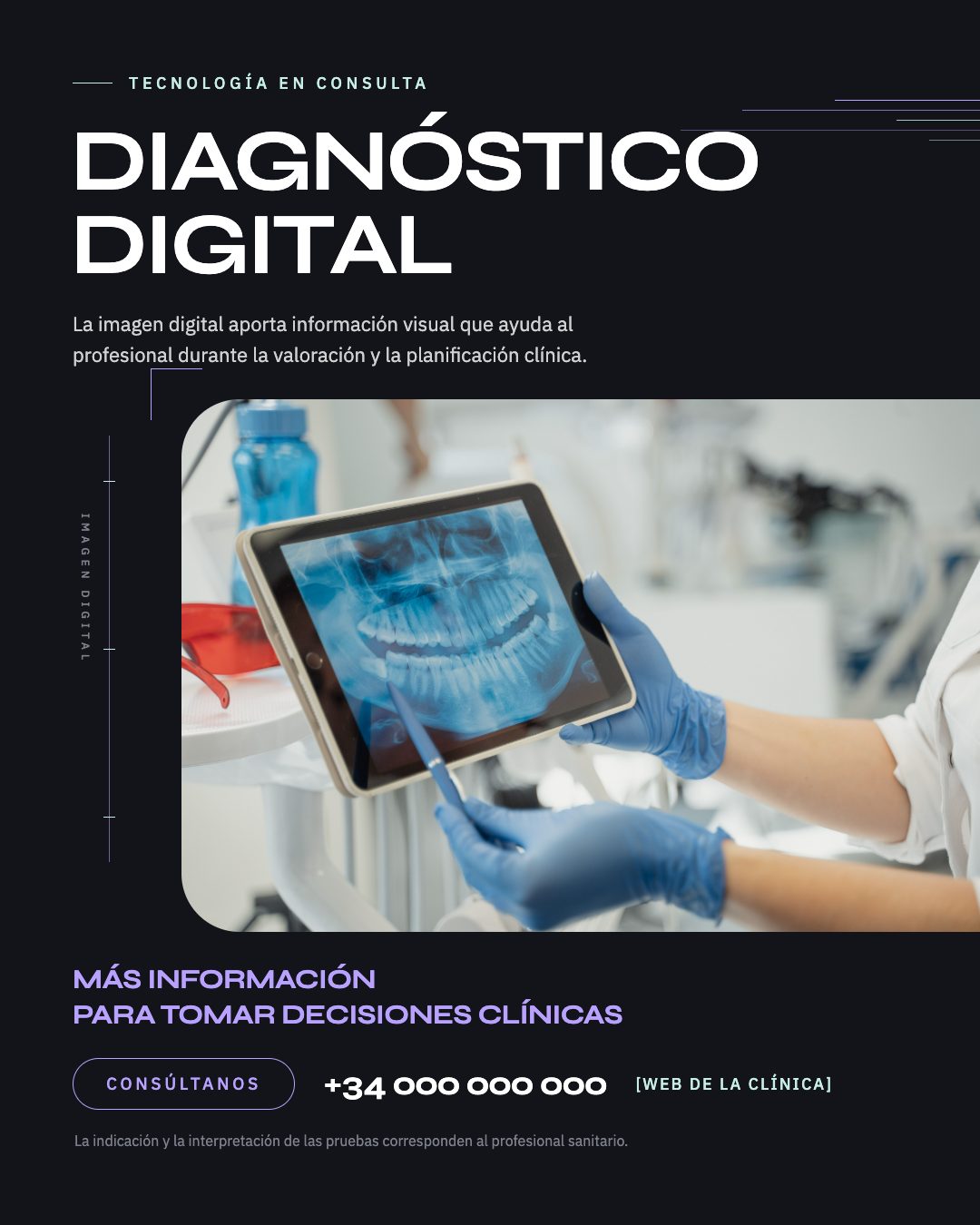 Publicación individual sobre diagnóstico digital: fotografía de una radiografía en tableta sobre campo oscuro, con la indicación de que la interpretación corresponde al profesional.