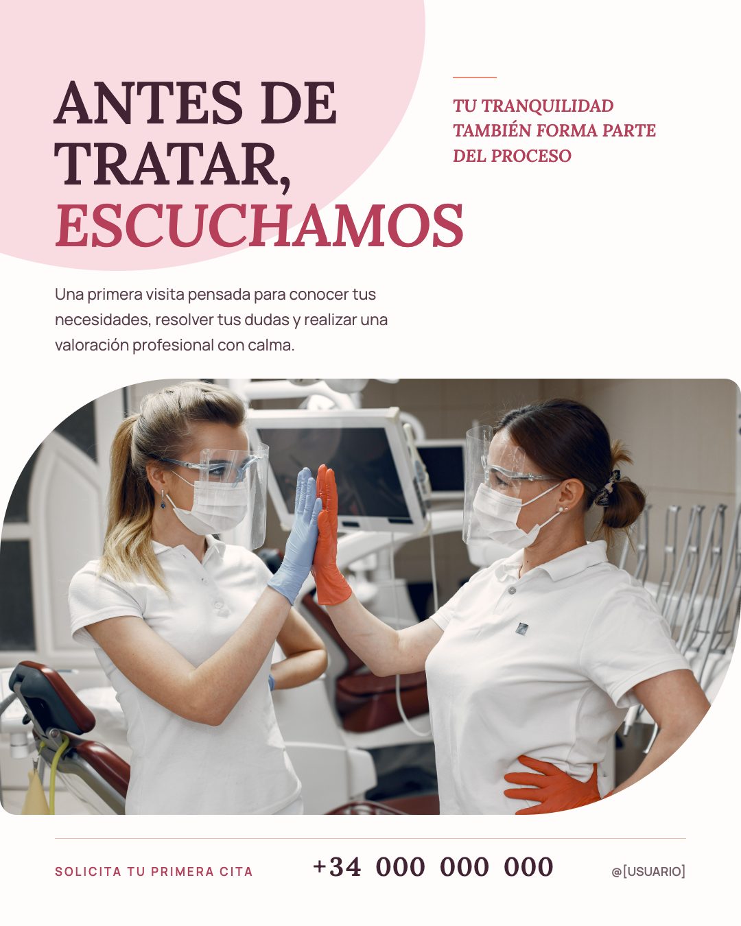 Publicación individual de imagen de equipo: «Antes de tratar, escuchamos», con una fotografía del equipo y un arco de color de fondo.