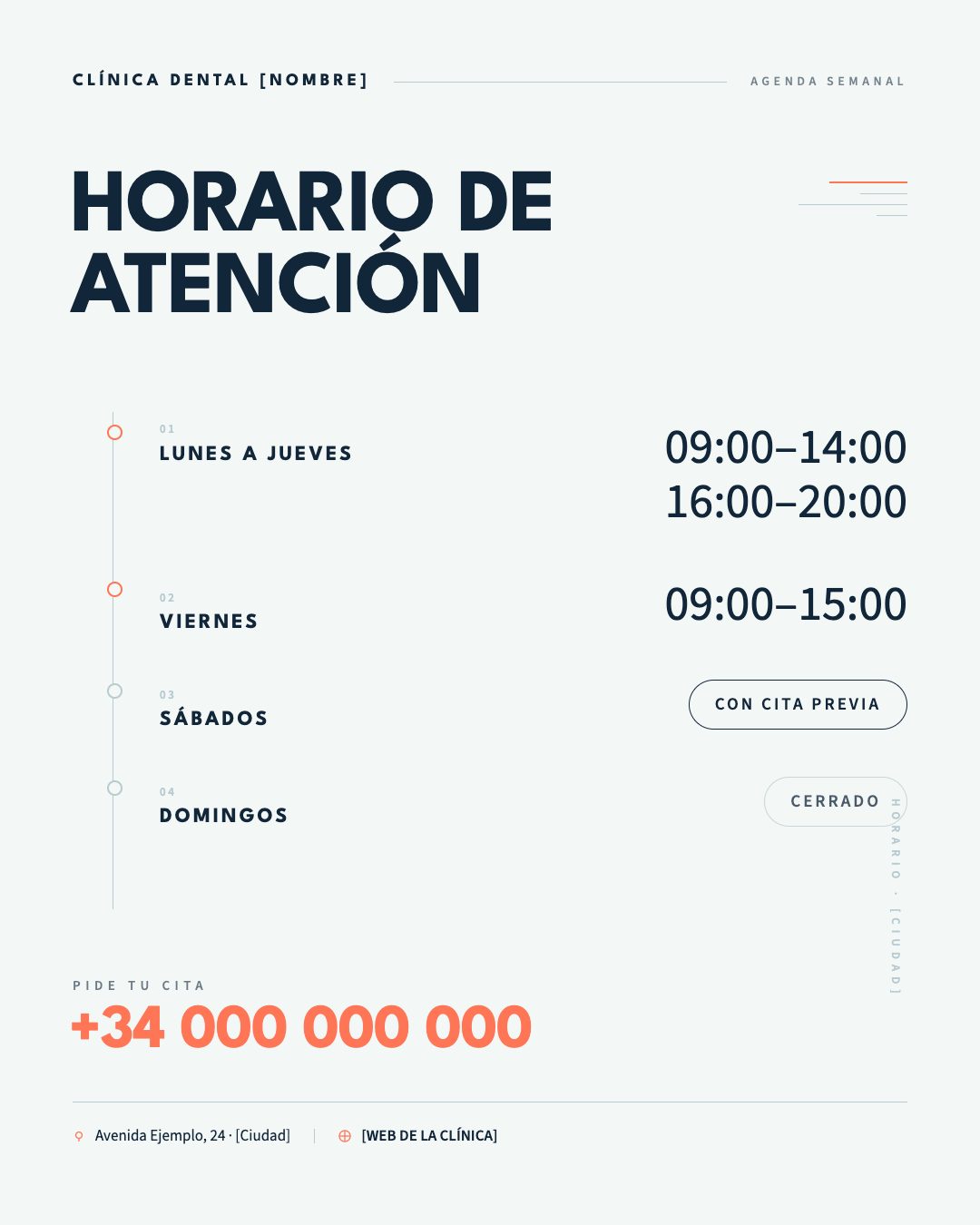 Publicación individual con el horario de atención semanal, organizado en una lista con filete y el teléfono de contacto.