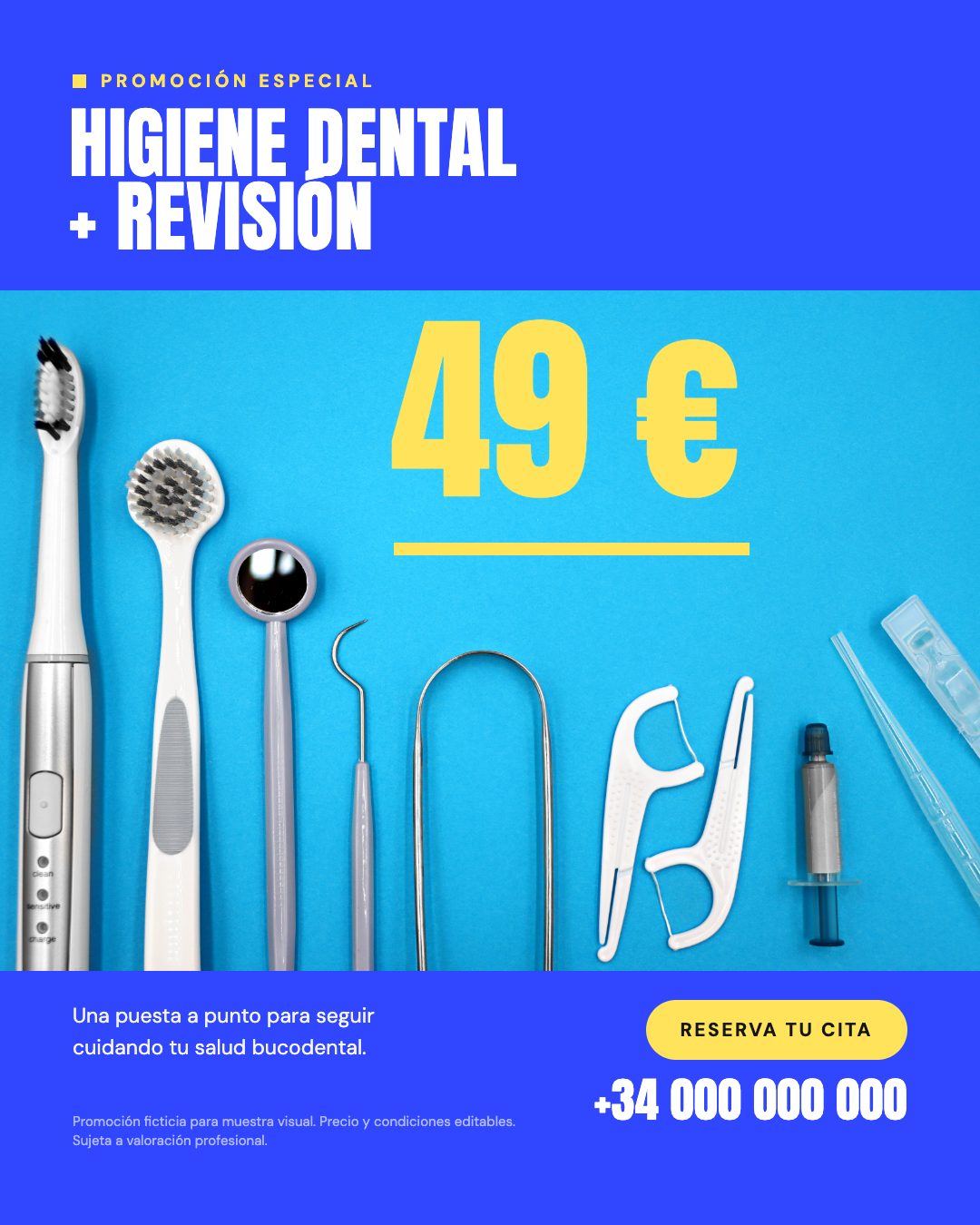 Publicación individual de promoción con un precio destacado, una fotografía cenital de instrumental y la advertencia de que la promoción es ficticia y editable.